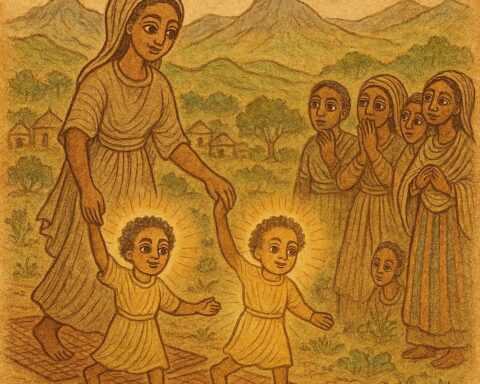 Parchment-style illustration of Penda with her shining children on cloth mats, Ethiopian folktale scene.
