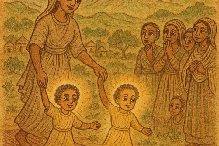 Parchment-style illustration of Penda with her shining children on cloth mats, Ethiopian folktale scene.