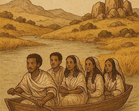 Tigrean couples crossing a river in a small boat, Eritrean highlands, clever planning, traditional folktale scene.