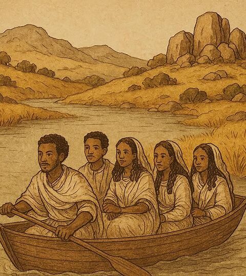 Tigrean couples crossing a river in a small boat, Eritrean highlands, clever planning, traditional folktale scene.