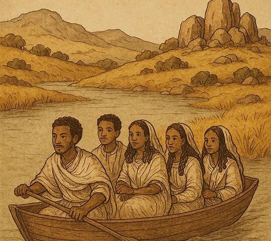 Tigrean couples crossing a river in a small boat, Eritrean highlands, clever planning, traditional folktale scene.