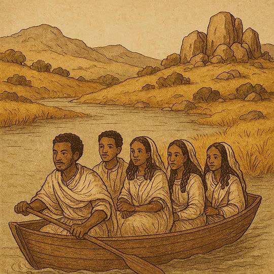 Tigrean couples crossing a river in a small boat, Eritrean highlands, clever planning, traditional folktale scene.