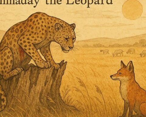 Wounded leopard Hemmaday on savanna, fox nearby, goats grazing, illustrating Tigréan folktale from Eritrea.