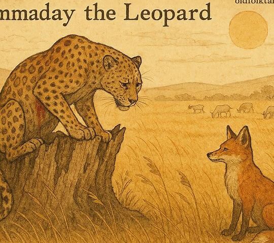 Wounded leopard Hemmaday on savanna, fox nearby, goats grazing, illustrating Tigréan folktale from Eritrea.