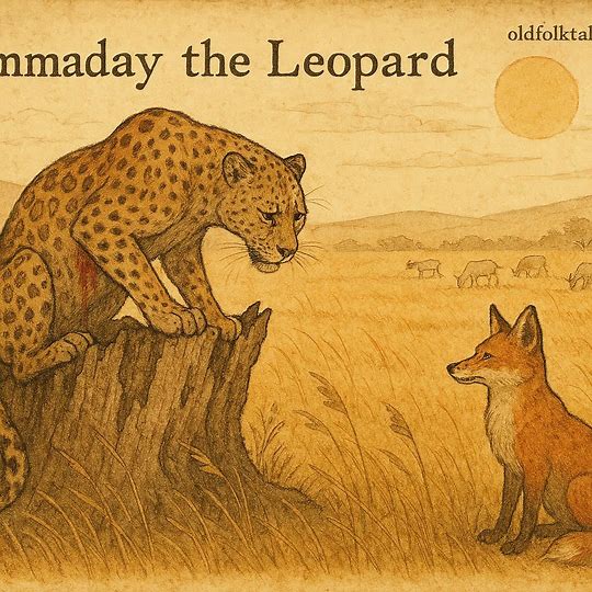 Wounded leopard Hemmaday on savanna, fox nearby, goats grazing, illustrating Tigréan folktale from Eritrea.