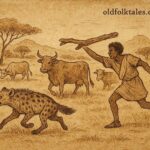 Hyaena flees from herdsman among cattle on Eritrean plains, depicting courage and cleverness.