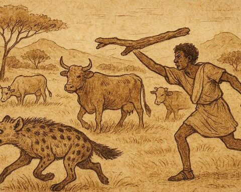 Hyaena flees from herdsman among cattle on Eritrean plains, depicting courage and cleverness.