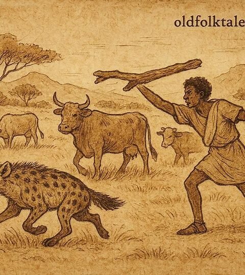 Hyaena flees from herdsman among cattle on Eritrean plains, depicting courage and cleverness.