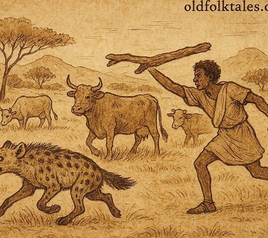 Hyaena flees from herdsman among cattle on Eritrean plains, depicting courage and cleverness.