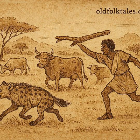 Hyaena flees from herdsman among cattle on Eritrean plains, depicting courage and cleverness.