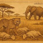 Leopard avenges his son by attacking goats while elephant walks in savanna; Tigrean folktale, Eritrea.