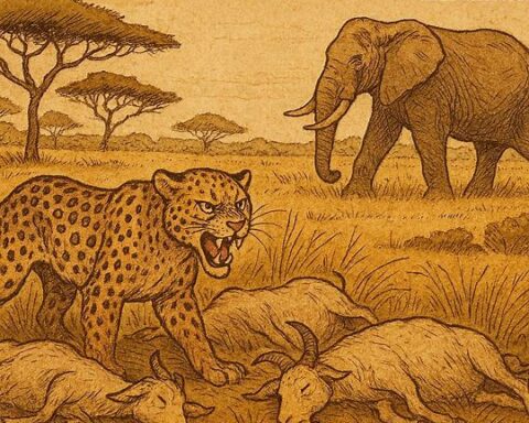 Leopard avenges his son by attacking goats while elephant walks in savanna; Tigrean folktale, Eritrea.