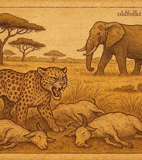 Leopard avenges his son by attacking goats while elephant walks in savanna; Tigrean folktale, Eritrea.