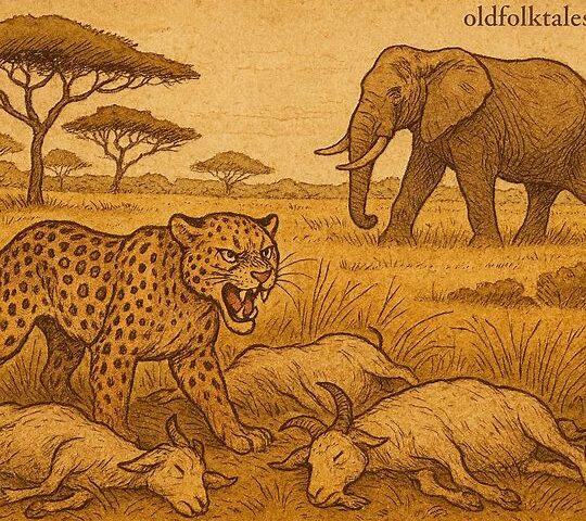 Leopard avenges his son by attacking goats while elephant walks in savanna; Tigrean folktale, Eritrea.