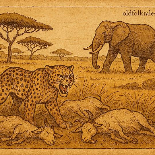 Leopard avenges his son by attacking goats while elephant walks in savanna; Tigrean folktale, Eritrea.