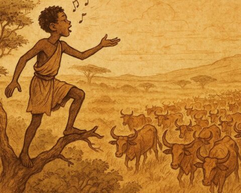 Parchment-style illustration of Ethiopian youth singing from a tree as cattle return from the wind.