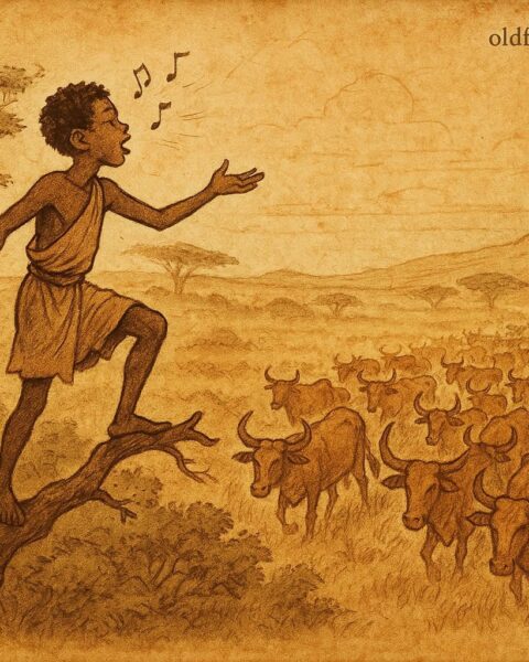 Parchment-style illustration of Ethiopian youth singing from a tree as cattle return from the wind.