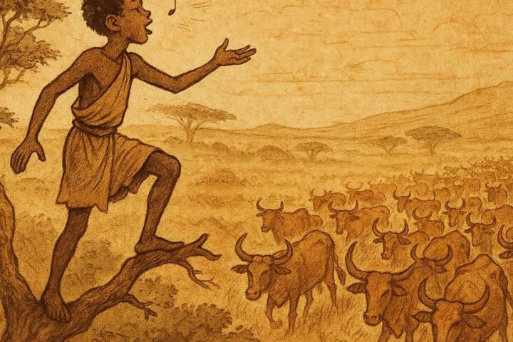 Parchment-style illustration of Ethiopian youth singing from a tree as cattle return from the wind.