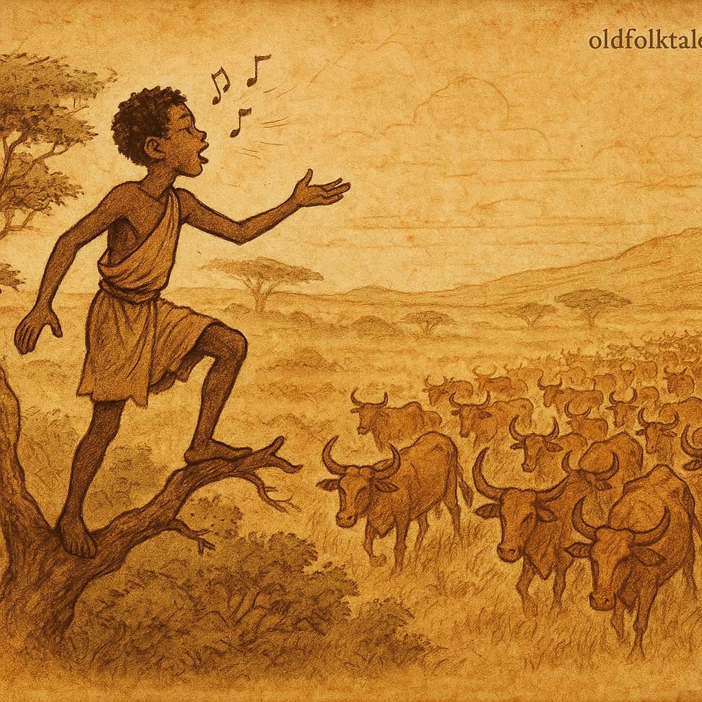 Parchment-style illustration of Ethiopian youth singing from a tree as cattle return from the wind.