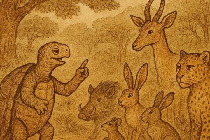 Parchment-style illustration of a clever turtle tricking forest animals in a traditional Gabonese folktale setting.