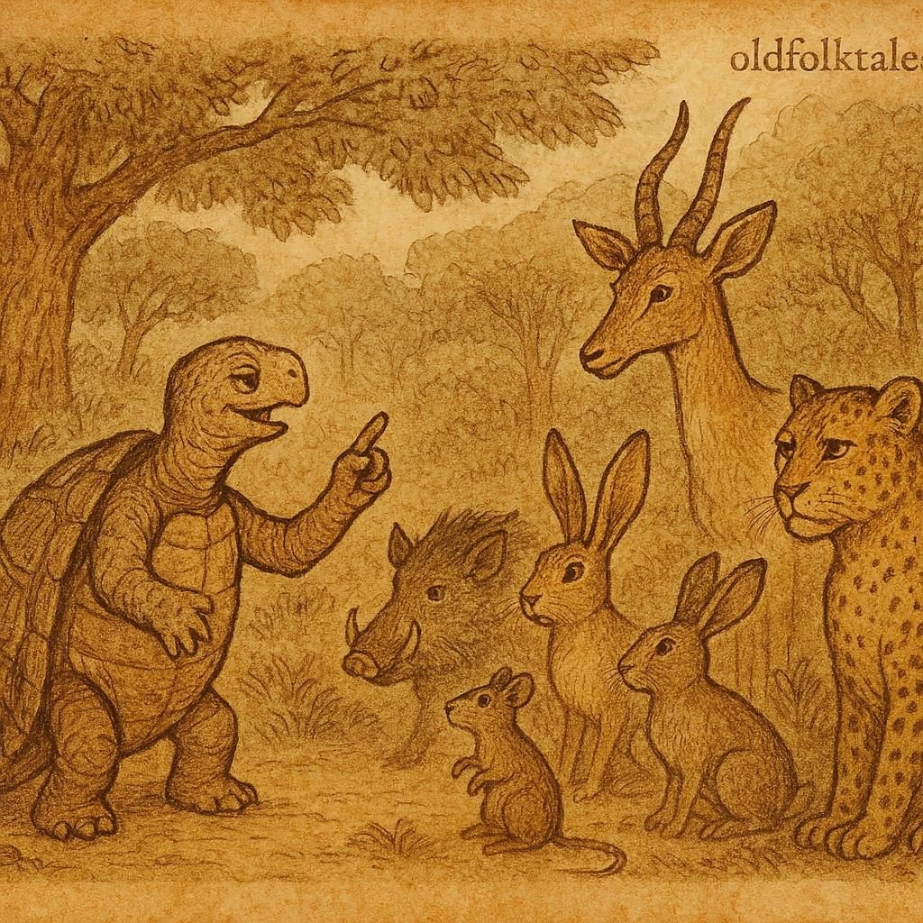 Parchment-style illustration of a clever turtle tricking forest animals in a traditional Gabonese folktale setting.