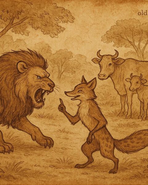 Illustration of lion, hyena, and fox in Gabonese folktale forest scene, showing wit overcoming strength and greed.
