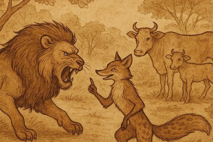 Illustration of lion, hyena, and fox in Gabonese folktale forest scene, showing wit overcoming strength and greed.