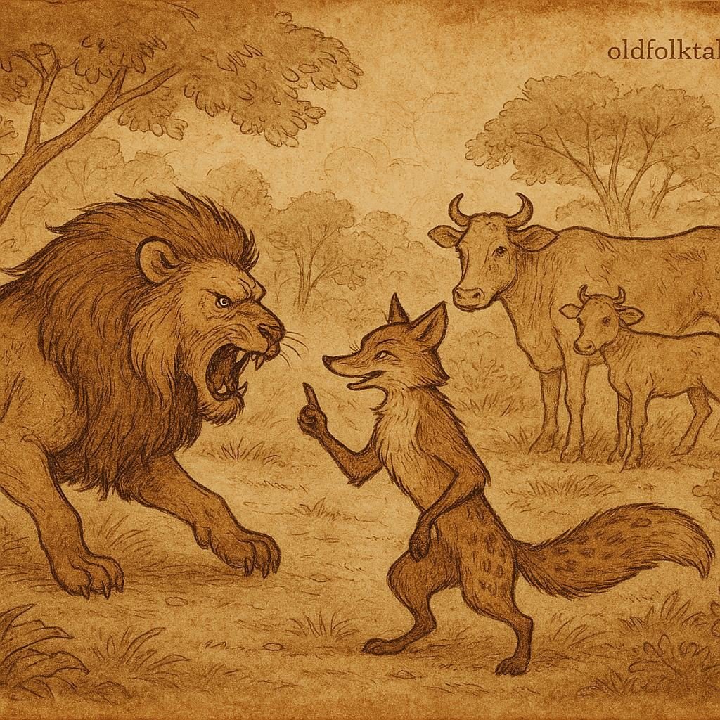 The Lion, the Hyena, and the Fox – OldFolktales.com | FolktalesAfrica.com Illustration of lion, hyena, and fox in Gabonese folktale forest scene, showing wit overcoming strength and greed.
