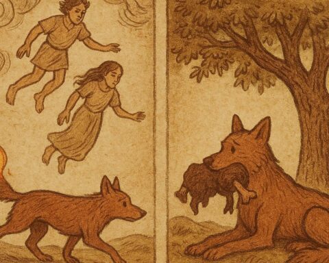 Parchment-style illustration of Ethiopian dog folktale, showing dog carrying fire and failing to deliver meat to spirits.