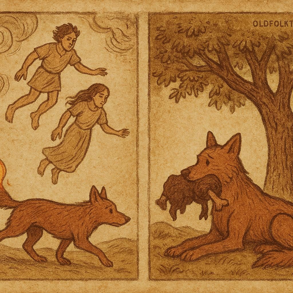 Parchment-style illustration of Ethiopian dog folktale, showing dog carrying fire and failing to deliver meat to spirits.