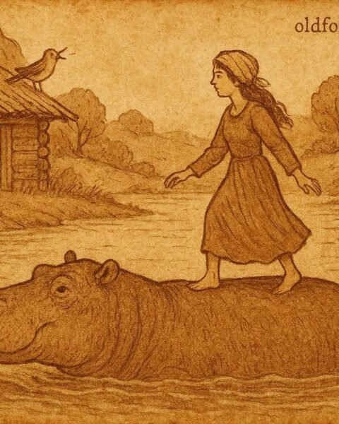 Parchment-style illustration of woman crossing river on hippopotamus with bird nearby, Ethiopian folktale scene.