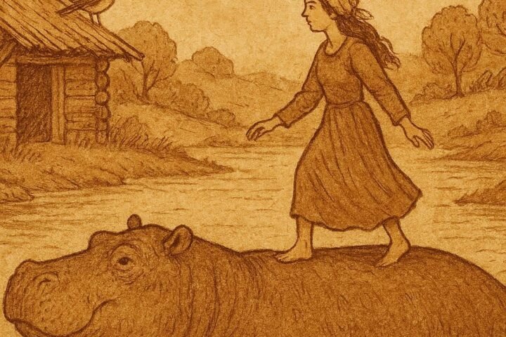 Parchment-style illustration of woman crossing river on hippopotamus with bird nearby, Ethiopian folktale scene.