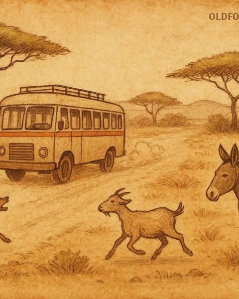 Parchment-style illustration of dog chasing bus, goat fleeing, and donkey calm, from Somali folktale.