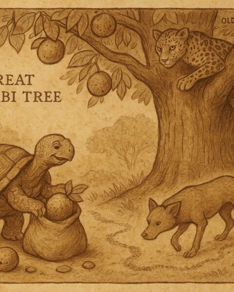 Tortoise gathers Njabi fruit as Dog follows his trail, while Leopard hides in the Bojabi tree, Equatorial Guinea folktale.
