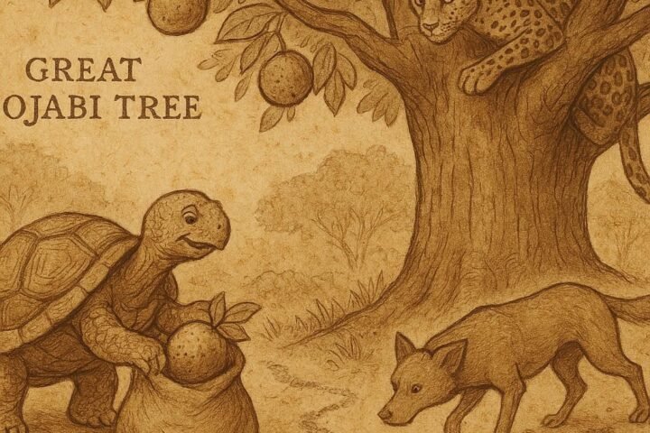 Tortoise gathers Njabi fruit as Dog follows his trail, while Leopard hides in the Bojabi tree, Equatorial Guinea folktale.