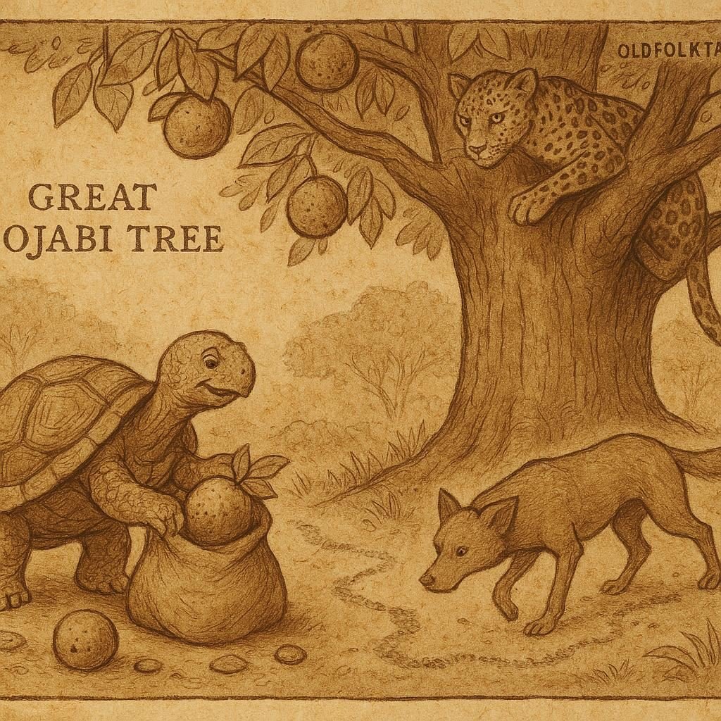 Tortoise gathers Njabi fruit as Dog follows his trail, while Leopard hides in the Bojabi tree, Equatorial Guinea folktale.