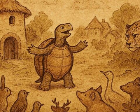 Tortoise defeats Leopard through wisdom and patience in an Equatorial Guinean folktale of envy, survival, and cunning.