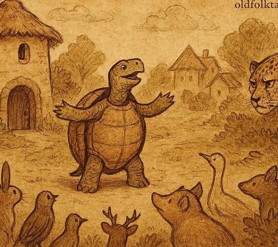 Tortoise defeats Leopard through wisdom and patience in an Equatorial Guinean folktale of envy, survival, and cunning.