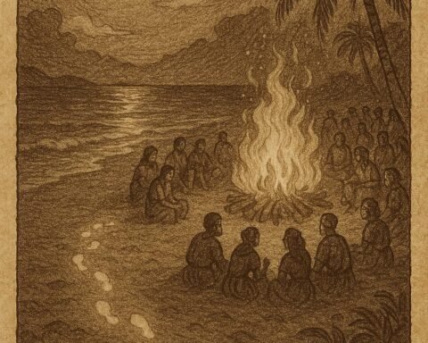a moonlit beach festival on Mahé Island, with villagers gathered near a bonfire and glowing footprints in the sand representing the mysterious Shadow Dancer
