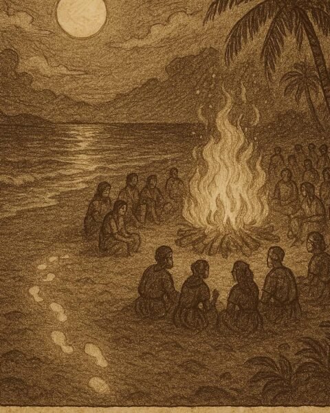 a moonlit beach festival on Mahé Island, with villagers gathered near a bonfire and glowing footprints in the sand representing the mysterious Shadow Dancer