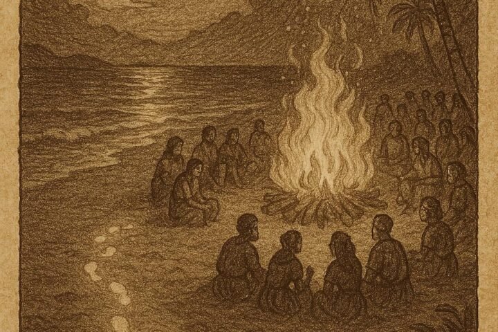 a moonlit beach festival on Mahé Island, with villagers gathered near a bonfire and glowing footprints in the sand representing the mysterious Shadow Dancer
