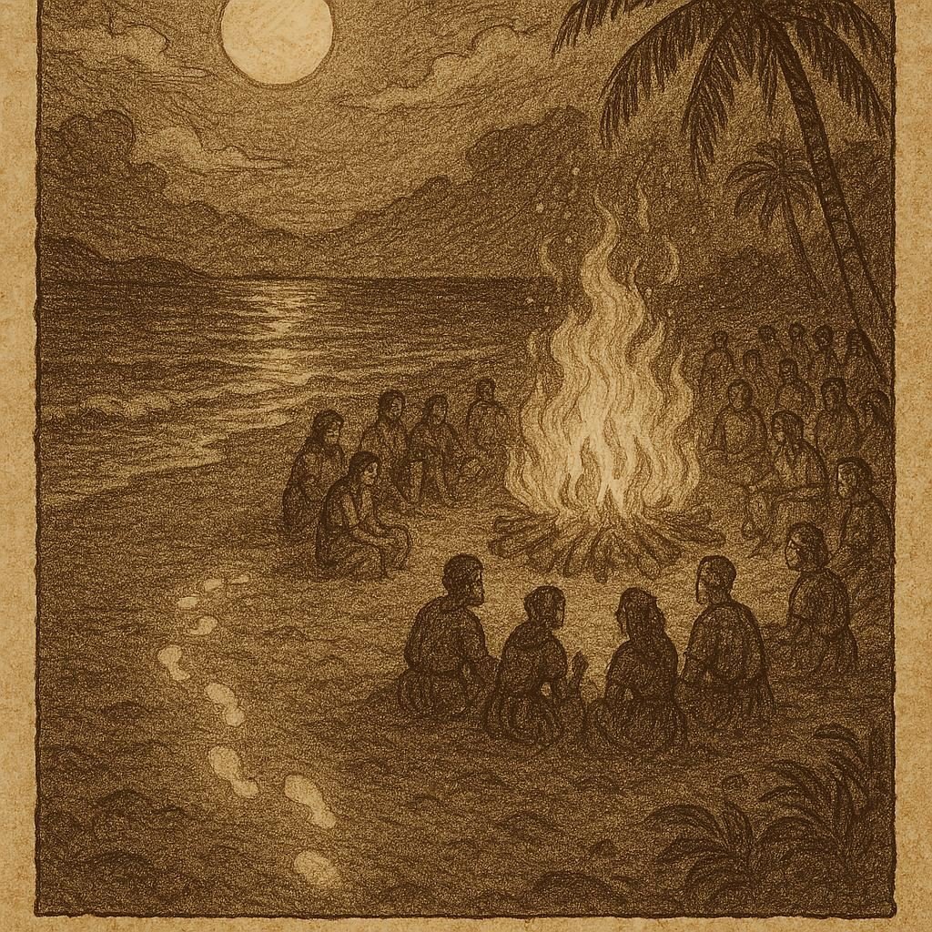 a moonlit beach festival on Mahé Island, with villagers gathered near a bonfire and glowing footprints in the sand representing the mysterious Shadow Dancer