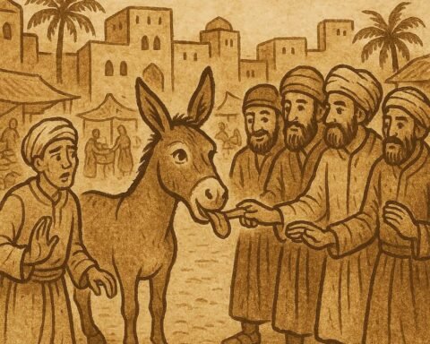 In a Moroccan marketplace, villagers line up to touch a donkey’s tongue, while a nervous thief avoids touching it, revealing his guilt