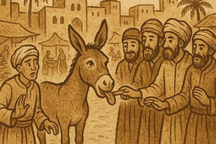 In a Moroccan marketplace, villagers line up to touch a donkey’s tongue, while a nervous thief avoids touching it, revealing his guilt