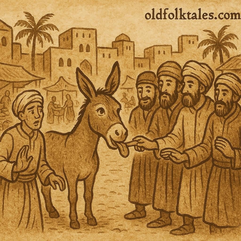 The Donkey’s Tongue Moroccan Folktale | FolktalesAfrica.com In a Moroccan marketplace, villagers line up to touch a donkey’s tongue, while a nervous thief avoids touching it, revealing his guilt