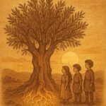 Three siblings beneath an ancient glowing olive tree symbolising ancestral unity