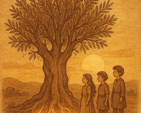 Three siblings beneath an ancient glowing olive tree symbolising ancestral unity