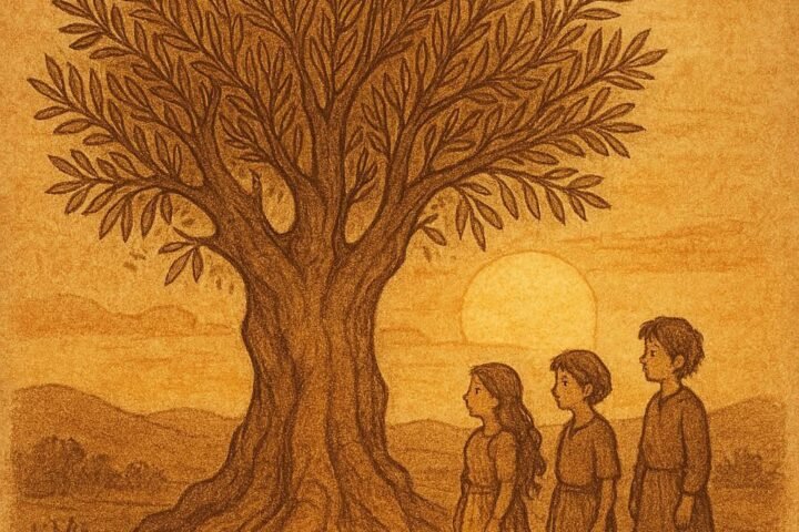 Three siblings beneath an ancient glowing olive tree symbolising ancestral unity