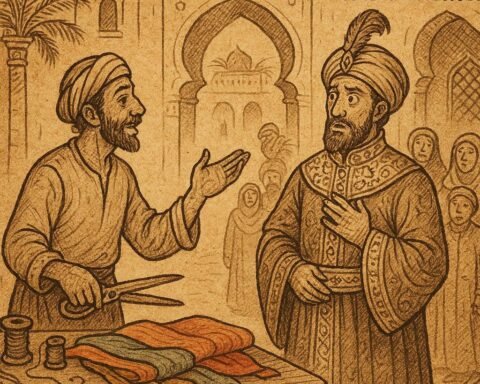 A clever Moroccan tailor in Marrakesh uses storytelling to outwit a greedy vizier.