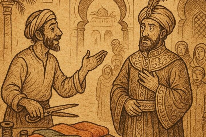 A clever Moroccan tailor in Marrakesh uses storytelling to outwit a greedy vizier.
